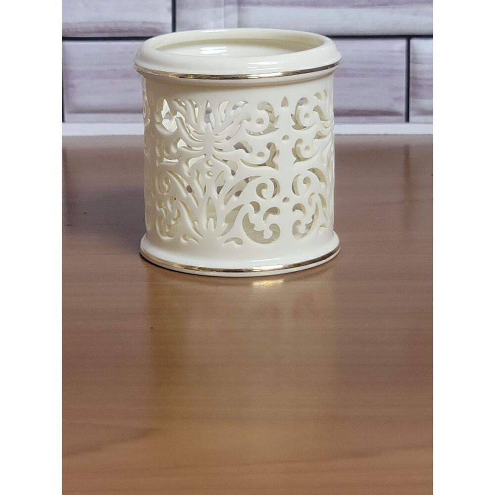 Lenox Pierced Filigree Porcelain Votive Holder Cream Gold Trim